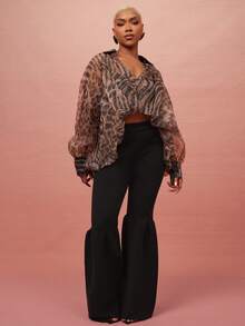 Vixey Solid Elegant Flare Leg Rib Knit Sweater Pants - Black - View 2