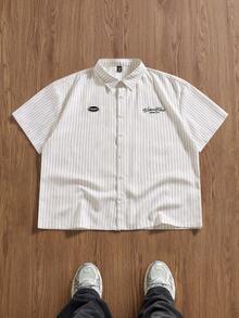 EASEVO Camisa de manga corta casual/de negocios con rayas y estampado de letras para hombres de talla grande, camisa blanca para hombres con gráficos - Albaricoque - Ver 4