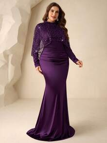 Coutiva Plus Size Elegant Long Sleeve Embroidered Cape With Pearl Rhinestone Design Hem Mermaid Skirt With Side Draping Design Suitable For Mother Of The Bride Dress, Wedding Guest Dress, Formal Dinner Dress Valentines Dress Elegant Dress Sequin Dress Floral Dress - Purple - View 2