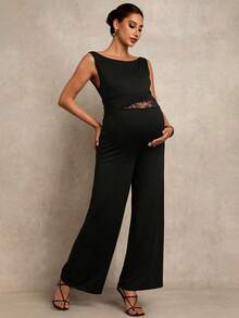 MaterniChic 孕妇纯色船领撞色蕾丝阔腿优雅无袖连体裤 - 黑色 - 查看 5