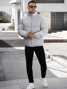 Manfinity CasualCool 男士纯色立领长袖保暖拉链羽绒服，冬季 - 灰色 - 查看 5