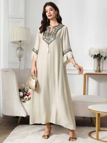 Yasmyna Women's Ribbon Trim V-Neck Fringe Flare Sleeve Arabic Style Dress Kaftan Jalabiya Dress - Khaki - View 6