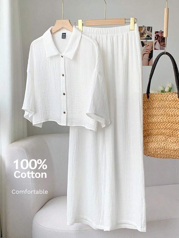 Comfortcana Women's Fall White Linen Shirt And Pants Set,Suitable For Vacation, Suitable For Going Out, Suitable For Daily Wear