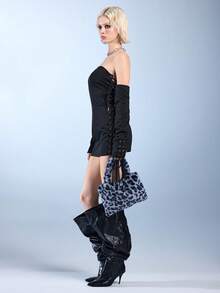 ROMWE Goth 1 Stück Y2K Retro Mode vielseitige süße & lässige hochwertige Großraum Herbst/Winter blaue Kunstfell Leopard/Tiger Muster Tierdruck Handtasche, Shopper, Umhängetasche, geeignet für Frauen, täglichen Gebrauch, Geschenk - Blau -1 - Übersicht 3