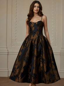 Revavyn 咖啡色提花收腰褶裥连衣裙，金属扣设计，优雅浪漫迷你连衣裙，女士款 - 彩色 - 查看 1