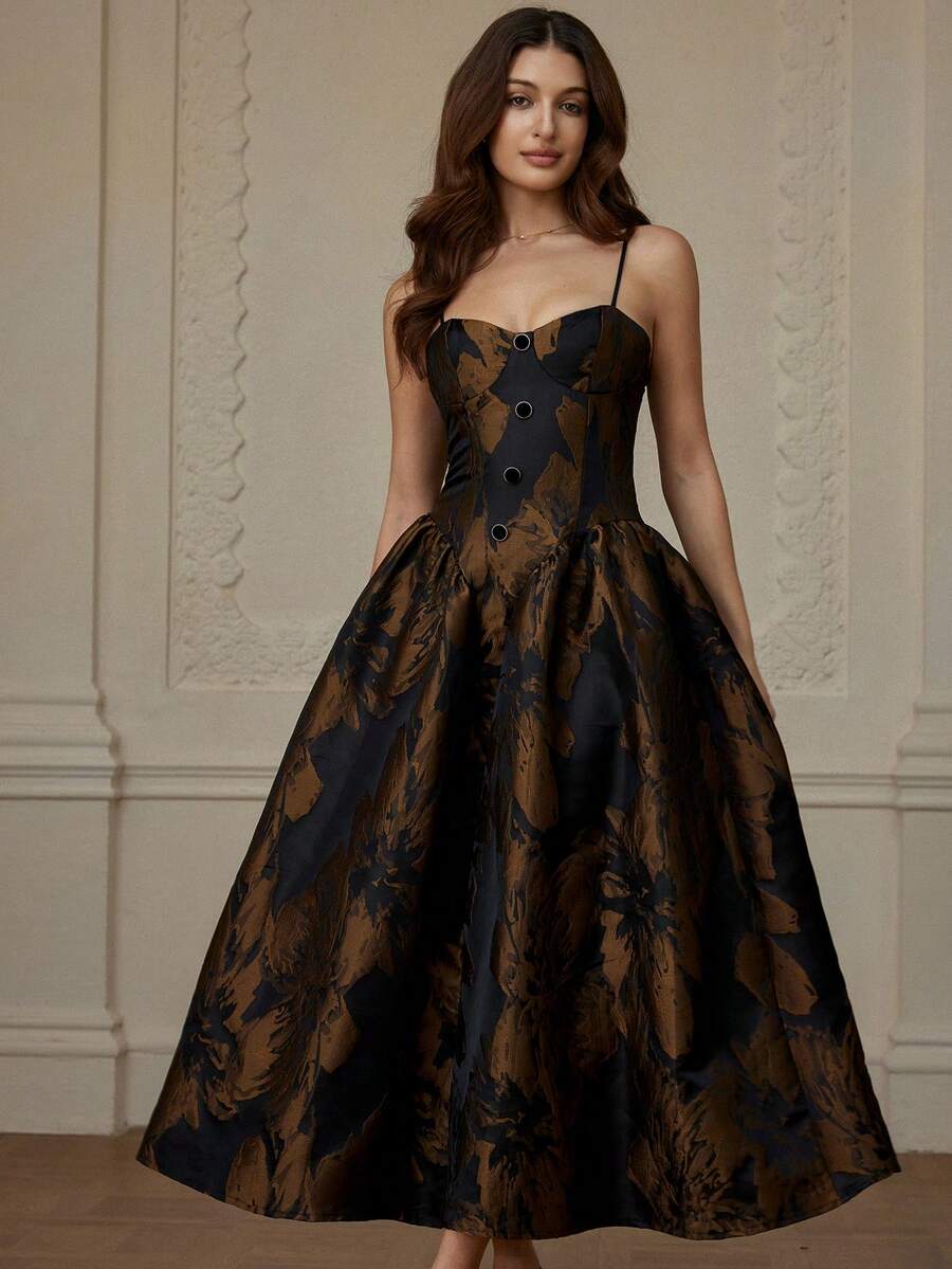 Revavyn 咖啡色提花收腰褶裥连衣裙，金属扣设计，优雅浪漫迷你连衣裙，女士款 - 彩色 - 查看 1