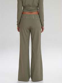 MUSERA Low Rise Eyelet Belted Wide Leg Suit Trousers Cute Back To School Casual Work Streetwear Sporty Work Wear Corporate Run Spring Y2k Summer - Grey - View 4