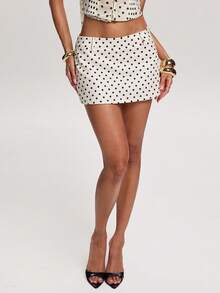 SHEIN BAE 女士简约休闲波点印花短裙，时尚百搭，适合通勤、休闲、工作、可爱阔腿裤、休闲阔腿裤、早午餐下装，情人节、夏季假期、生日等场合皆宜，白色裙子 - 杏色 - 查看 7