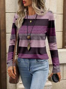 EMERY ROSE 女士圆领条纹印花撞色休闲长袖T恤 春季条纹长袖女式长袖上衣，休闲款 - 紫色 - 查看 4