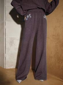 Anewsta Vintage Washed Light Blue Casual Sweatpants With Handcrafted Rhinestone Embellishments For Women - Purple - View 3