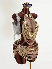 Mistrie Women's Sexy See-Through Chain Rhinestone 2 Pieces Set, Autumn/Winter - Gold - View 6