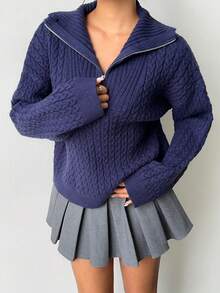 SHEIN MOOSTA Women's Navy Blue Cable Knit Sweater, Fashionable Casual Versatile Commuter Loose Fit Long Sleeve Pullover, Autumn/Winter - Blue - View 8