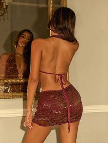 SHEIN ICON Women's Valentine's Day Burgundy Dark Red 2 Pieces Set Summer Night Out Club Rave Bling Glitter Sequin Halter Backless Top And Pleated Mini Skirt - Burgundy - View 5