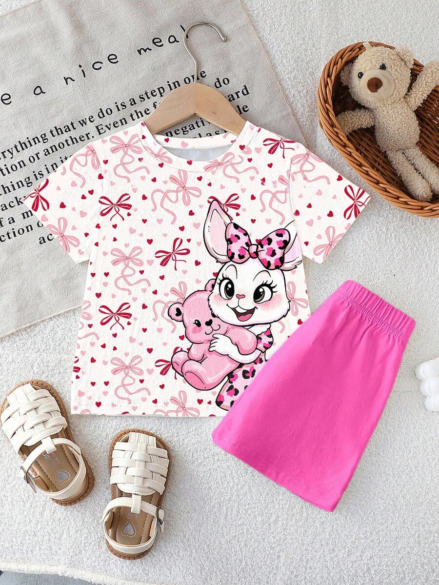 女婴可爱印花圆领短袖T恤,适合派对和聚会穿着,饰有蝴蝶结、爱心、兔子和小熊图案,轻盈舒适,适合春夏穿着,时尚休闲,可用于户外活动、上学、派对、野餐和送礼,也适合秋冬季穿着。 - 玫紅色 - 查看 1