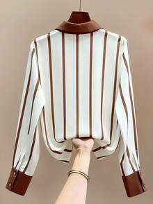Ellegaria. Fashionable Multicolor Striped Woven Blouse For Women With Long Shirt Sleeves And Regular Fit Collar - Multicolor - View 3