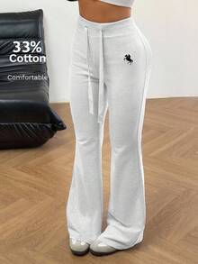 SHEIN EZwear 女式休闲百搭刺绣抽绳腰喇叭裤 - 淺灰色 - 查看 6