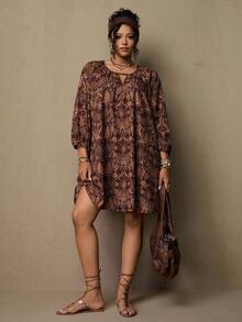 Freevana Vestido feminino plus size estilo boêmio vintage marrom com estampa retrô, mangas 3/4 e detalhes florais, ideal para festivais de música no início da primavera. - Castanho - Ver 6