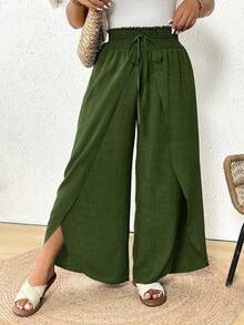 SHEIN Frenchy 大码女式纯色腰带开衩阔腿裤，橄榄绿阔腿裤，适合海滩度假，春季女式下装 - 墨綠色 - 查看 6