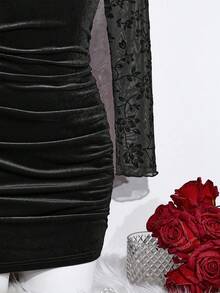 Elamini Vestido mini de mujer de terciopelo con patchwork y ajuste ceñido, estilo chino, adecuado para Navidad, otoño/invierno - Negro - Ver 3