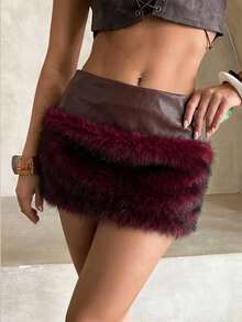 Aloruh 女士新款超低腰迷你裙，性感复古音乐节风，Y2K风格，水洗PU人造毛皮拼接迷你毛绒酒红色短裙 - 酒紅色 - 查看 1