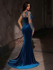 Glamrae 优雅奢华亮片蕾丝贴花拼接弹力天鹅绒褶皱薄纱长袖性感开衩鱼尾连衣裙，适合婚礼、派对、写真、度假、晚宴等场合。 - 湖藍色 - 查看 3