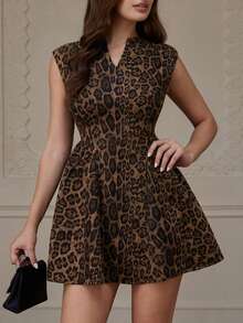 Aveloria Rosie Elegant Plush Deer Skin Leopard Print Peplum Sleeveless Dress