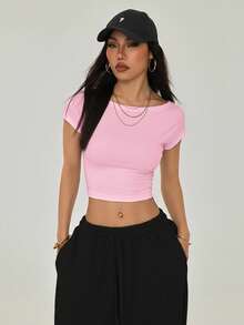 SHEIN PETITE Women's Sexy Baby Pink Plain Crop Tee With Backless Design And Cap Sleeves Round Neck - Baby Pink - View 4