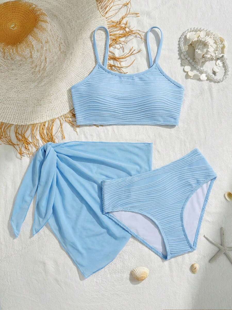 SHEIN 少女修身休闲印花泳衣套装 - 藍白色 - 查看 1