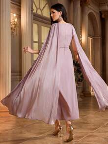 Al Najma 女士花卉亮片蝙蝠袖优雅阿拉伯连衣裙 - 粉色 - 查看 2