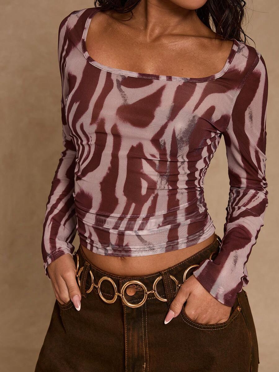 Glamine Ink Dye Mesh Print Square Neck Sheer Women Long Sleeve T-Shirt Cowgirl Top Square-Neck Mesh Fitted Longline Sleeveless Top Spring/Autumn  Night Out Elegant Sexy Party Occasion Elegant Holidays Zebra Print Top Patterned Long Sleeve Top - Multicolor - View 1