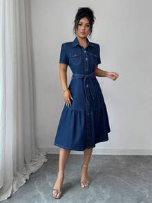 Elenzga Women's Casual Washed Front Button Short Sleeve Denim Dress Summer Elegant - Blue - View 3