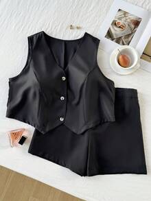 SHEIN EZwear 1 pieza Conjunto de chaleco negro de cuello en V de talla grande y 1 pieza Conjunto de pantalones cortos con cintura elástica, para graduación, regreso a la escuela, atuendos de maestras en otoño/invierno - Negro - Ver 4