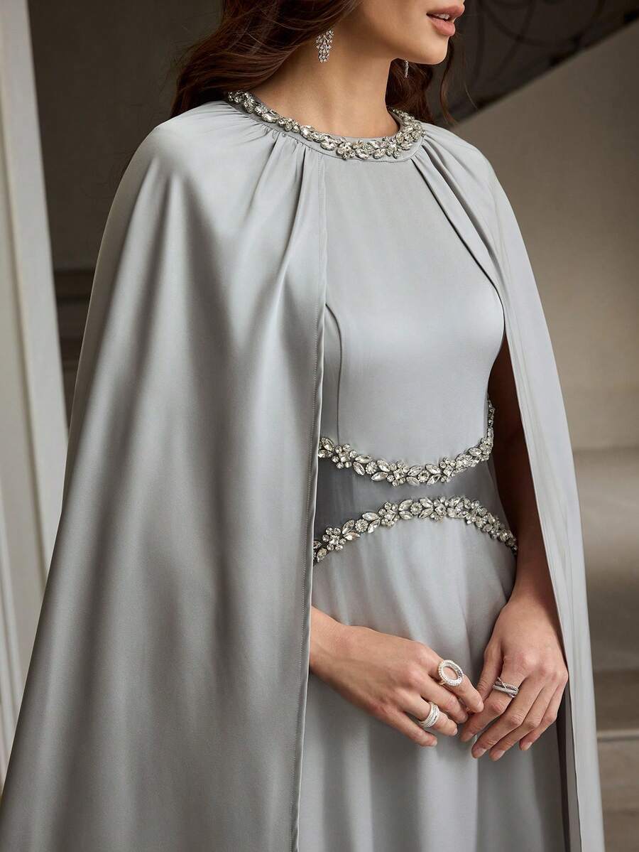 ZEYLAH 女士优雅水钻装饰披肩式连衣裙 - 灰色 - 查看 1