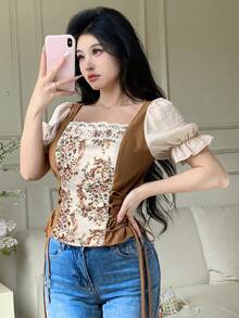 Feyla Bluză elegantă vintage pentru femei, cu mâneci bufante și imprimeu floral din dantelă