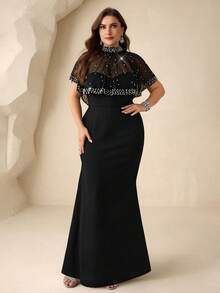 Coutiva 大码女式拼接仿珍珠装饰网纱高端晚礼服，优雅派对礼服，尽显奢华气质 - 黑色 - 查看 7