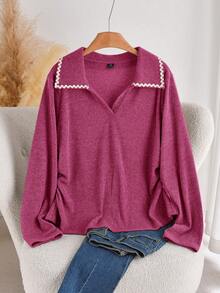 CosyJoli Plus Size Casual Tape Patchwork Polo Collar Ruched Side Seam Ribbed Textured Knit Pullover T-Shirt For Spring - Hot Pink - View 4