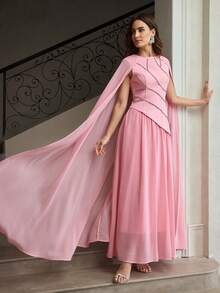 ZEYLAH Women's Round Neck Rhinestone Decor Luxurious Elegant Extra Long Cloak Dress - Baby Pink - View 4