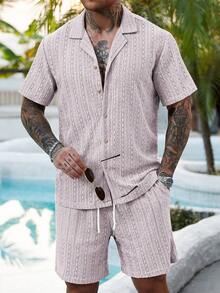 Manfinity RSRT Bộ 2 món gồm áo sơ mi cài cúc khoét lỗ và quần short nam màu trơn, trang phục thường ngày thoải mái cho chồng, thích hợp cho kỳ nghỉ, bãi biển, hoạt động thường nhật và mùa hè. - Màu Xám nhạt - Xem 6