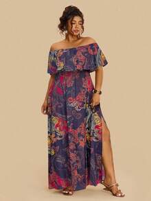 Travachic Gaun Maxi Ukuran Plus Motif Paisley Bohemian dengan Bahu Terbuka dan Hem Berkerut, Gaun Bunga Biru Tua untuk Wanita, Gaun Liburan Musim Panas Gaya Boho untuk Tamu Pernikahan - MultiWarna - View 3