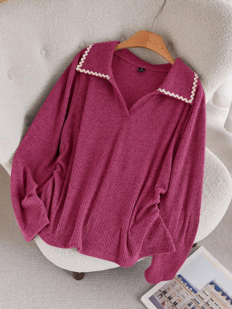 CosyJoli Plus Size Casual Tape Patchwork Polo Collar Ruched Side Seam Ribbed Textured Knit Pullover T-Shirt For Spring - Hot Pink - View 1