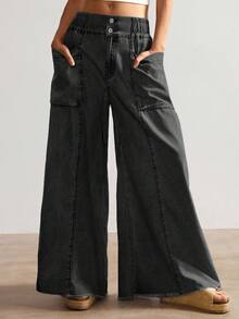 Bohemela Women's Casual Solid Color Woven Loose Wide Leg Pants - Black - View 4