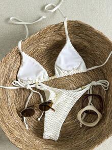 Swim Mod Women's Textured Beaded Halter Bikini Set, Spring/Summer - Beige - View 2