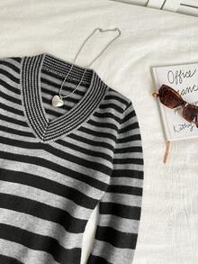 SHEIN Unity Women's Simple Casual Vintage Striped Sweater - Multicolor - View 4