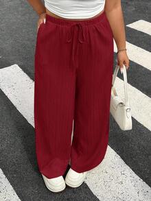 SHEIN EZwear Bộ 2 quần dài nữ cỡ lớn, màu trơn, đỏ rượu vang và đen. - Màu Đỏ Sâu - Xem 3