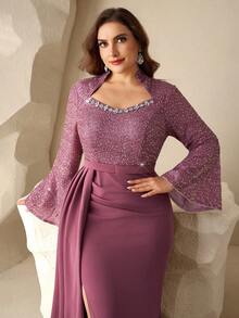 Coutiva 大码女士水钻装饰高端晚礼服，奢华亮片正式礼服，优雅派对礼服 - 藕粉色 - 查看 6