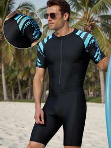 Manfinity Swimmode Men's Beach Vacation Printed Zip-Up One-Piece Swimsuit