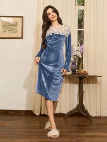 Women's Romantic Elegant French Style Contrast Color Ruffle Lace & Velvet Long Sleeve Nightgown Sleep Wear Women Dress