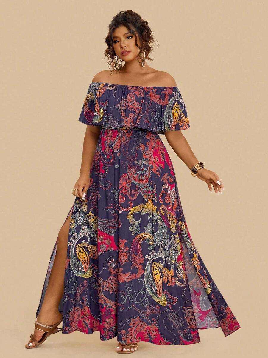 Travachic Gaun Maxi Ukuran Plus Motif Paisley Bohemian dengan Bahu Terbuka dan Hem Berkerut, Gaun Bunga Biru Tua untuk Wanita, Gaun Liburan Musim Panas Gaya Boho untuk Tamu Pernikahan - MultiWarna - View 1