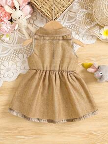 SHEIN 1pc Baby Girls' Lapel Button Sleeveless Denim Print Cartoon Animal Pattern Cute Fashionable Versatile Retro Light Blue Casual Sundress With Fake Pockets, Summer New Arrival - Camel - View 2