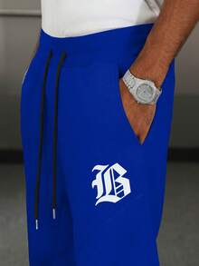 PAVTROS Men's Letter Print Drawstring Waist Casual Sweatpants - Blue - View 2